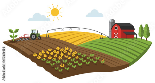 Farming landscape with barn, crops, and tractor in flat design