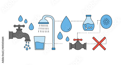 Flat design water conservation icons highlighting usage and efficiency