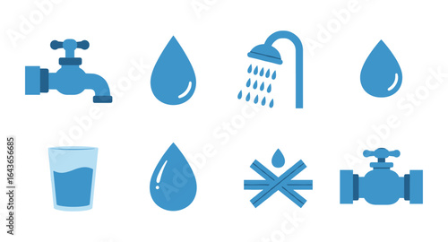 Water supply icons: faucets, drops, and valves in minimalist design