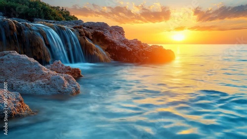 Coastal Waterfall at Sunset
