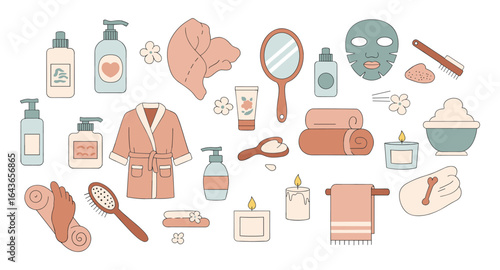 Spa and self-care items in minimalist flat design for wellness and relaxation