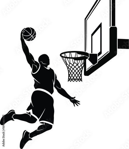 Silhouette of a basketball player performing a slam dunk, showcasing athleticism, skill, and dynamic energy of game in a minimalist design