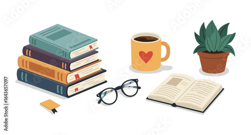Cozy reading time with books and coffee in a minimalist setting