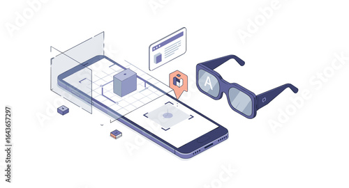 Isometric augmented reality concept with smartphone and 3d interface elements