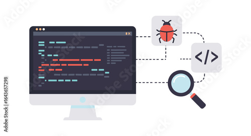 Computer coding and debugging concept with magnifying glass and bug icons