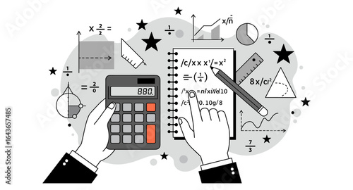Mathematical equations and graphs with calculator and notebook in monochrome design