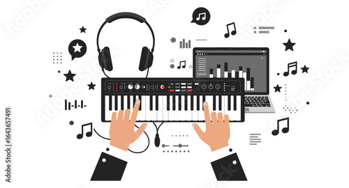 Music production concept with keyboard, laptop, and icons in flat design