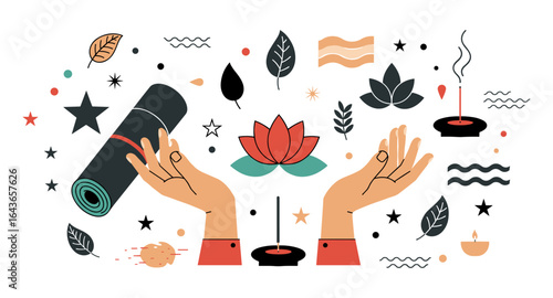 Tranquil yoga and meditation elements with lotus and incense