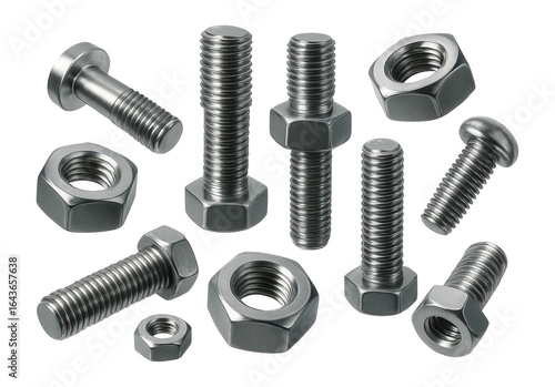 Collection of metallic bolts and nuts with threaded designs.