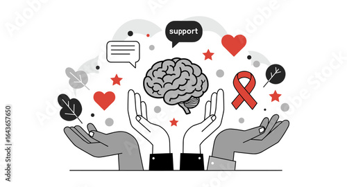 Mental health awareness design with brain, hands, and symbols in monochrome and red