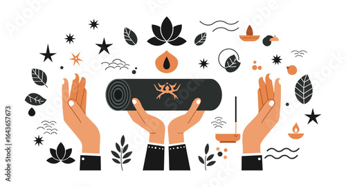 Hands holding yoga mat with nature and meditation elements in flat design