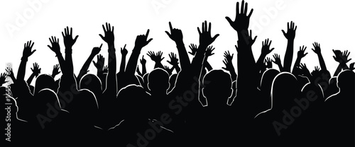 Silhouette of a large crowd of people with raised hands, cheering and celebrating an event, vector illustration of a group of fans at a concert