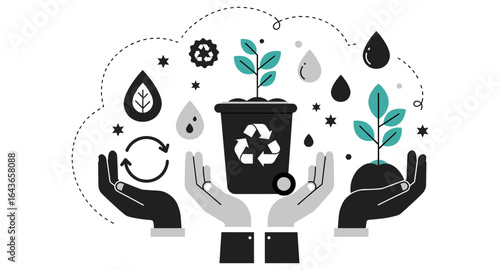 Eco-friendly practices: hands nurturing plants and recycling symbols in flat design