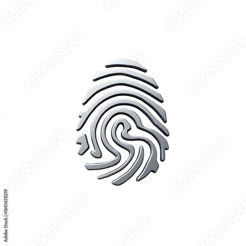 Silver metallic fingerprint graphic on black background.