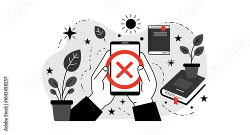 Monochrome digital detox concept with smartphone, books, and plants
