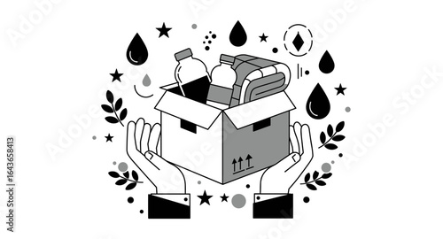 Monochrome charity donation box with food and supplies