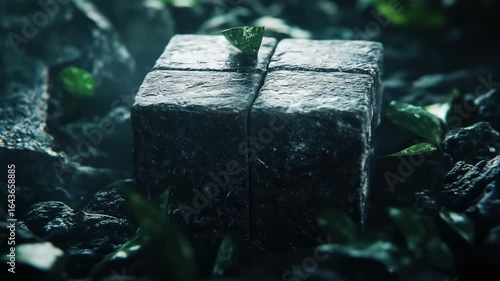 Dark, textured cubic stones surrounded by foliage and rocks in a moody environment