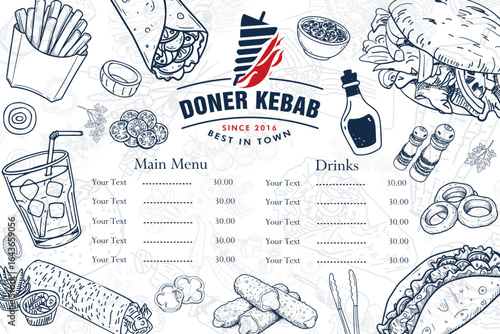 Doner kebab hand-drawn illustration. Suitable for restaurant advertising posters.