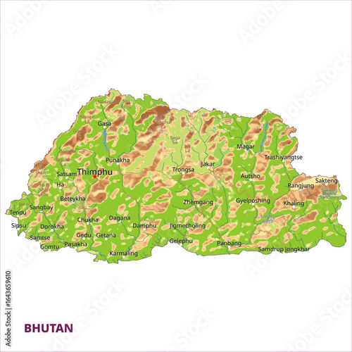 Isolated physical political map of Bhutan