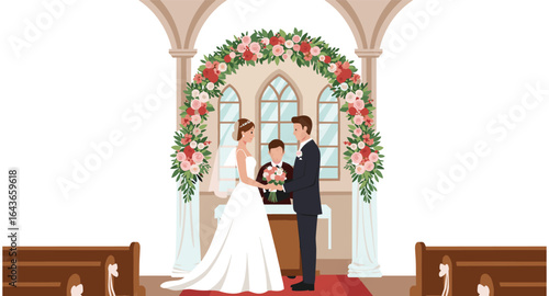 Elegant indoor wedding ceremony with bride and groom in front of floral arch