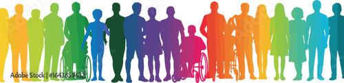 Inclusive diverse people silhouettes, rainbow gradient community illustration representing unity, equality, accessibility, gender diversity, disability inclusion, teamwork, togetherness, and social di