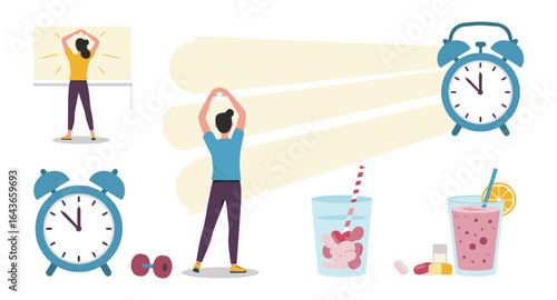 Morning routine: stretching, alarm clock, and healthy breakfast smoothie