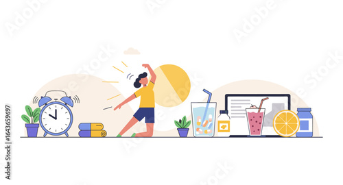 Morning routine with exercise and healthy breakfast in flat design