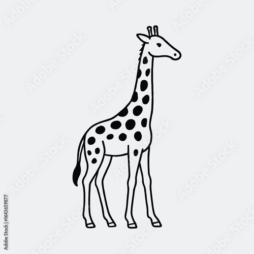 Silhouette stylized giraffe standing tall black and white vector illustration
