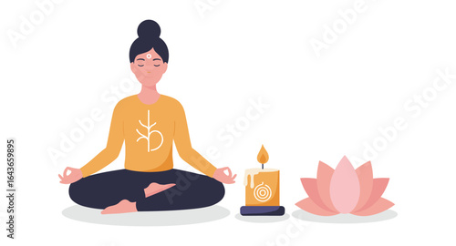 Calm meditation scene with woman practicing yoga and lotus flower