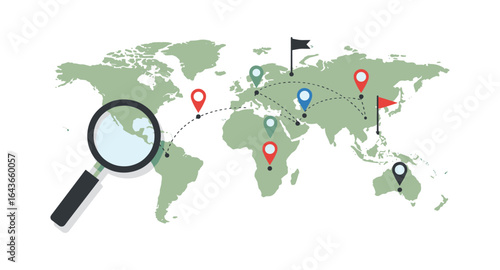 Global journey with magnifying glass and location markers on world map