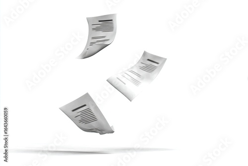 Three sheets of paper, printed with text, floating in mid-air