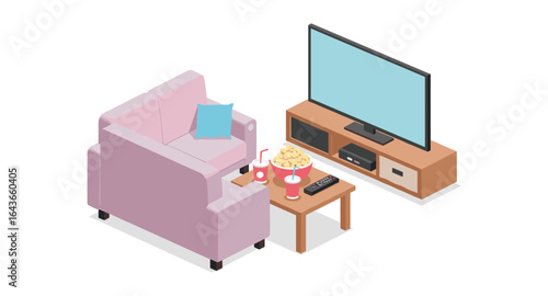 Cozy isometric living room scene with tv, couch, and snacks