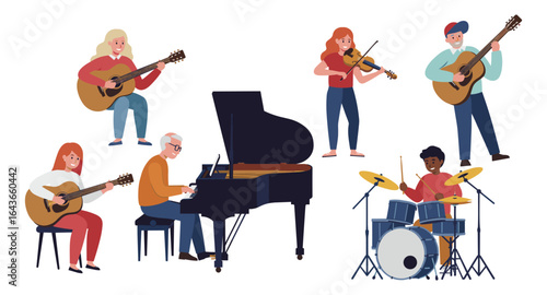 Diverse band of musicians playing instruments in flat design on white background