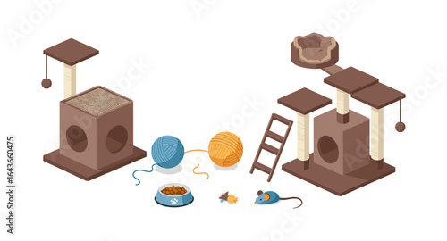 Isometric cat playground with scratching posts, toys, and accessories