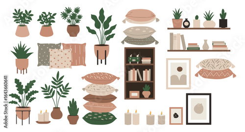 Cozy home decor with indoor plants and cushions in flat style for modern interiors