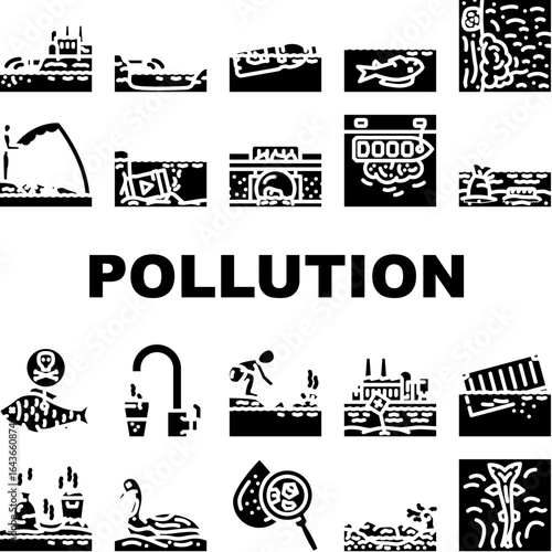 water pollution contamination icons set vector