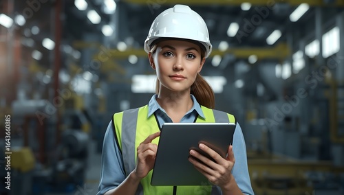 Portrait of a Latin Female Worker in a White Hard Hat Walking Through a Modern, Well-lit Factory, Inspecting Advanced Industrial Machinery, Checking Equipment, Overviewing Production