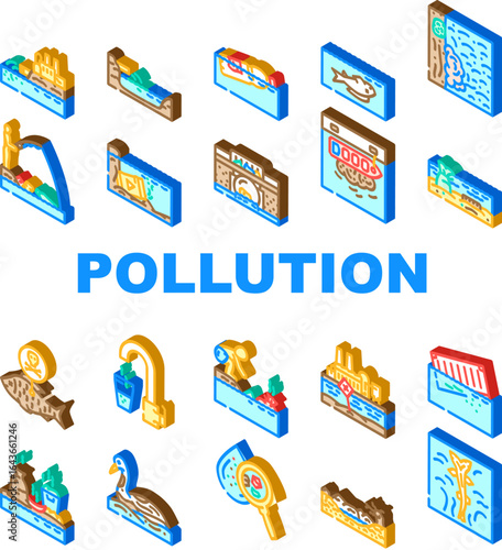 water pollution contamination icons set vector