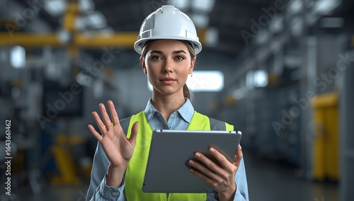 Portrait of a Latin Female Worker in a White Hard Hat Walking Through a Modern, Well-lit Factory, Inspecting Advanced Industrial Machinery, Checking Equipment, Overviewing Production