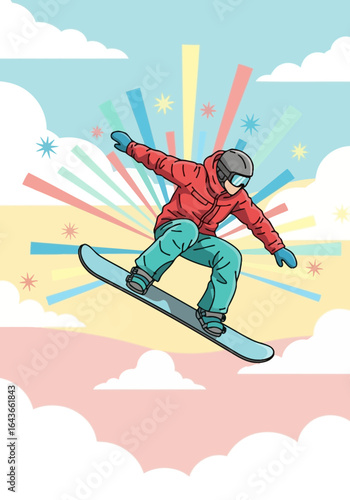 A snowboarder in mid-air, performing a jump against a vibrant background of clouds and colorful bursts.