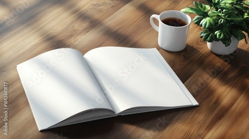 An open blank book rests on a wood table, accompanied by a teacup and small potted plant; sunlight streams across the surface
