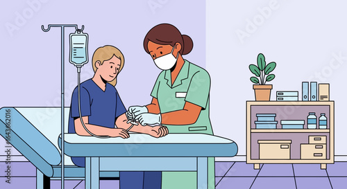 Nurse administering IV treatment to a patient in a medical facility.