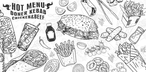 Hand drawing Doner Kebab Vector. It is ideal for restaurant menu and poster design.