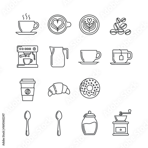 Coffee shop and cafe line icon set with beverages and breakfast pastries vector illustration