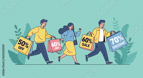 Three people running with shopping bags showing discount percentages, on a light green background with leaves.