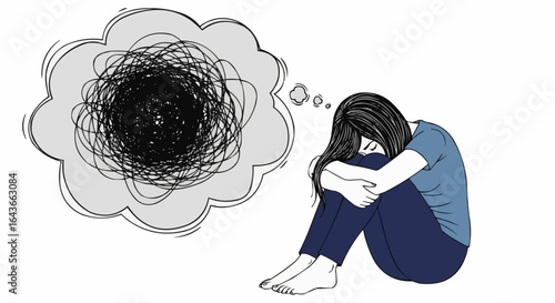 Young Depressed Woman With Tangled Thoughts Sitting On Floor And Hugging Her Knees. Sadness, Depression, Emotional Burnout, Confusion And Mental Health Problems stock illustratio