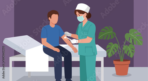 A medical professional administering an injection to a patient in a clinic setting.