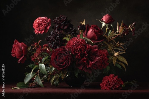 Dark, moody floral arrangement of deep red roses, carnations, and dahlias in a low glass vase, set against a dark background.  A few blossoms spill onto a maroon surface