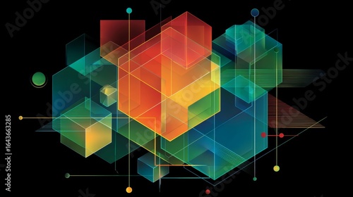 An abstract digital art piece featuring colorful, translucent geometric shapes and lines arranged in a complex, interconnected structure against a dark background, representing technology and data