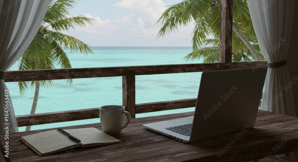 Fototapeta premium Working remotely from a tropical paradise Laptop coffee and notebook on rustic wooden table overlooking turquoise ocean and palm trees